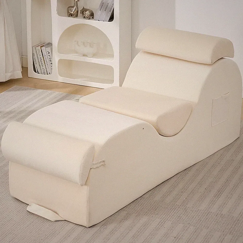 Beige Chaise Lounge Chair for Yoga & Exercise with Headrest and Footrest