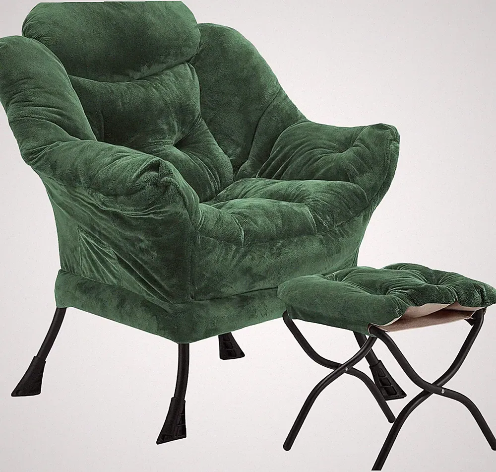 Cozy Green Plush Lazy Chair with Folding Ottoman & Side Storage Bag
