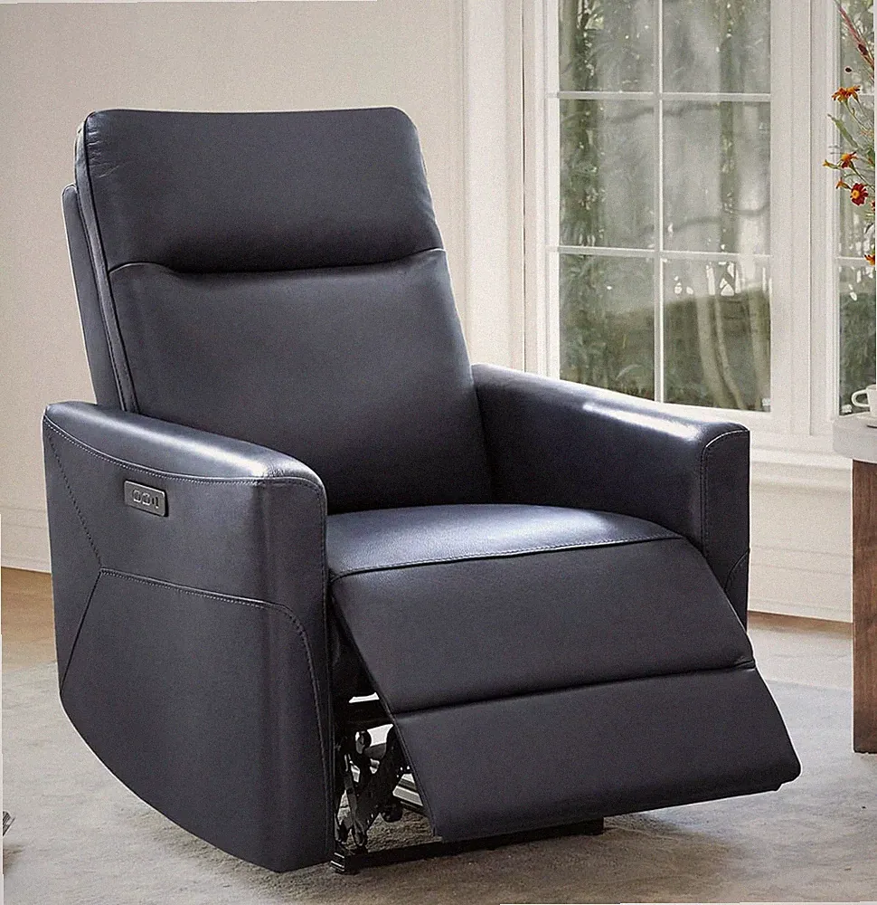 Genuine Leather Electric Recliner Chair with Power Headrest & USB Ports, Blue