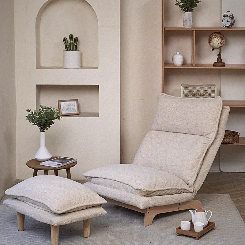 Indoor Chaise Lounge Chair Lazy Sofa with Footrest for Living Room Bedroom-Beige