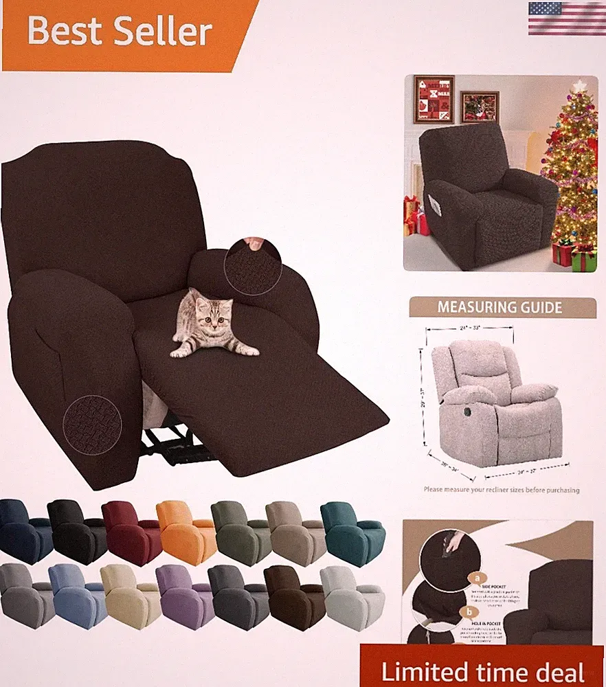 Recliner Chair Cover 4-Piece Stretch Jacquard Protector with Pocket Dark Coffee