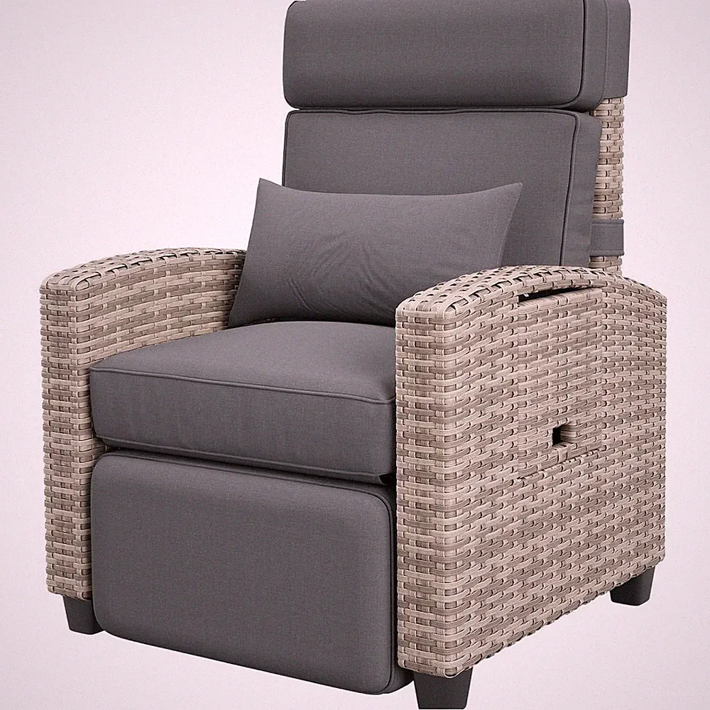 Wicker Recliner Chair, Adjustable Back & Footrest, 150° Lay Flat W/ Side Table